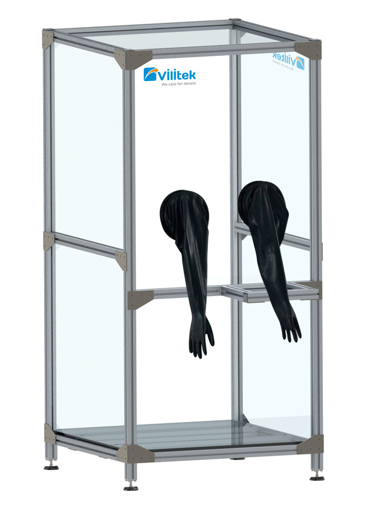 VBOX M 2000 Eco booth with completely transparent panels with butyl rubber gloves